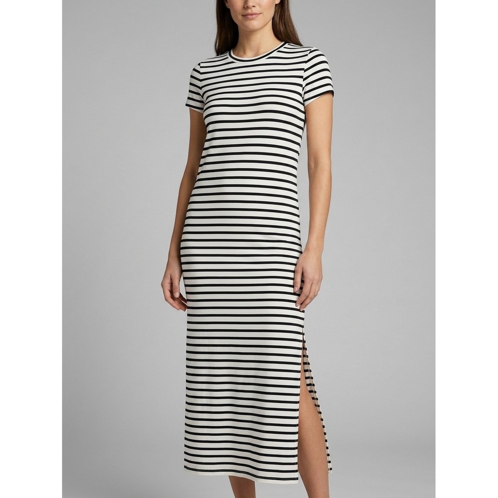 Spanx AirEssentials Short Sleeve Maxi Dress Black White Stripe Women Size M